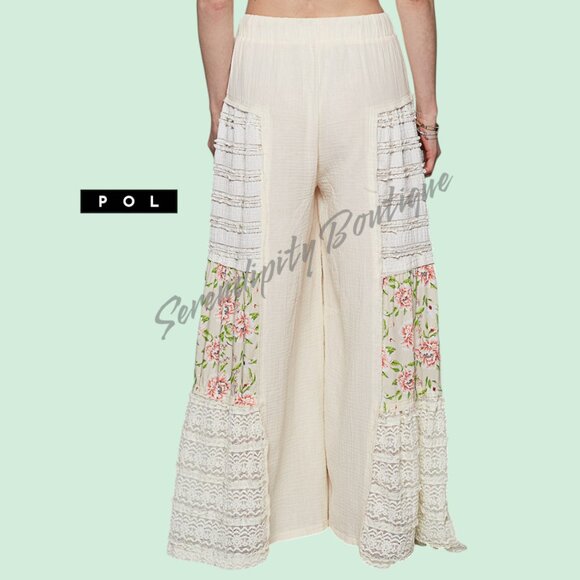 POL Flowy Lace & Double Gauze Floral Patch Palazzo Wide Leg Breezy Pants - Picture 7 of 11